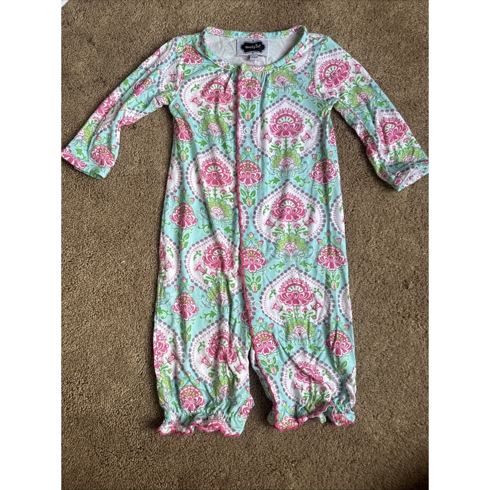 Mudpie Baby Girls Blue And Pink Floral Snap Up Outfit With Bow Cap 3-6 Months - Picture 8 of 10